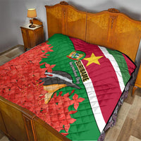 Suriname Independence Day Quilt Lesser Kiskadee With Scarlet Jungle Flame Flower - Wonder Print Shop
