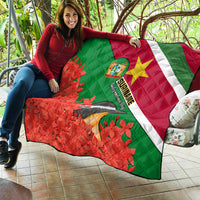 Suriname Independence Day Quilt Lesser Kiskadee With Scarlet Jungle Flame Flower - Wonder Print Shop