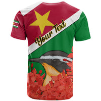 Personalised Suriname Independence Day T Shirt Lesser Kiskadee With Scarlet Jungle Flame Flower - Wonder Print Shop