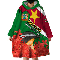 Personalised Suriname Independence Day Wearable Blanket Hoodie Lesser Kiskadee With Scarlet Jungle Flame Flower - Wonder Print Shop