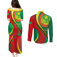 Personalised Mauritania Independence Day Couples Matching Puletasi Dress and Long Sleeve Button Shirt Mauritanian Seal Special Version - Wonder Print Shop