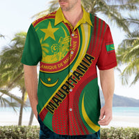 Mauritania Independence Day Hawaiian shirt on adult, front buttoned collar with crest and banner