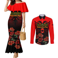personalised-albania-independence-day-couples-matching-mermaid-dress-and-long-sleeve-button-shirt-albanian-coat-of-arms-with-red-poppy-flower