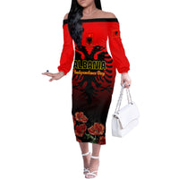 Personalised Albania Independence Day Family Matching Off Shoulder Long Sleeve Dress and Hawaiian Shirt Albanian Coat Of Arms With Red Poppy Flower - Wonder Print Shop