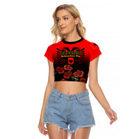 Personalised Albania Independence Day Raglan Cropped T Shirt Albanian Coat Of Arms With Red Poppy Flower - Wonder Print Shop