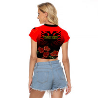 Personalised Albania Independence Day Raglan Cropped T Shirt Albanian Coat Of Arms With Red Poppy Flower - Wonder Print Shop