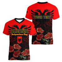 Personalised Albania Independence Day Women V Neck T Shirt Albanian Coat Of Arms With Red Poppy Flower - Wonder Print Shop