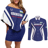 Custom Football Uzbekistan Couples Matching Off Shoulder Short Dress and Long Sleeve Button Shirt Milliy Jamoa Blue Version - Wonder Print Shop