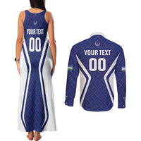 Custom Football Uzbekistan Couples Matching Tank Maxi Dress and Long Sleeve Button Shirt Milliy Jamoa Blue Version - Wonder Print Shop