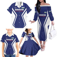 Custom Football Uzbekistan Family Matching Off The Shoulder Long Sleeve Dress and Hawaiian Shirt Milliy Jamoa Blue Version - Wonder Print Shop