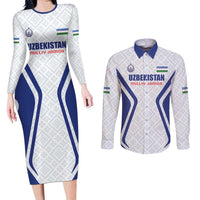 Custom Football Uzbekistan Couples Matching Long Sleeve Bodycon Dress and Long Sleeve Button Shirt Milliy Jamoa White Version - Wonder Print Shop