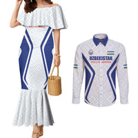 Custom Football Uzbekistan Couples Matching Mermaid Dress and Long Sleeve Button Shirt Milliy Jamoa White Version - Wonder Print Shop