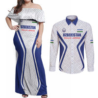 Custom Football Uzbekistan Couples Matching Off Shoulder Maxi Dress and Long Sleeve Button Shirt Milliy Jamoa White Version - Wonder Print Shop