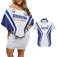 Custom Football Uzbekistan Couples Matching Off Shoulder Short Dress and Hawaiian Shirt Milliy Jamoa White Version - Wonder Print Shop