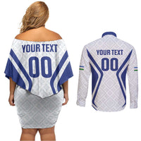 Custom Football Uzbekistan Couples Matching Off Shoulder Short Dress and Long Sleeve Button Shirt Milliy Jamoa White Version - Wonder Print Shop