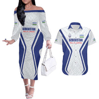 Custom Football Uzbekistan Couples Matching Off The Shoulder Long Sleeve Dress and Hawaiian Shirt Milliy Jamoa White Version - Wonder Print Shop