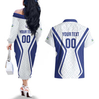 Custom Football Uzbekistan Couples Matching Off The Shoulder Long Sleeve Dress and Hawaiian Shirt Milliy Jamoa White Version - Wonder Print Shop