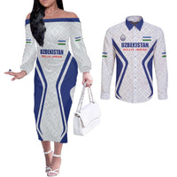 Custom Football Uzbekistan Couples Matching Off The Shoulder Long Sleeve Dress and Long Sleeve Button Shirt Milliy Jamoa White Version - Wonder Print Shop