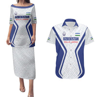 Custom Football Uzbekistan Couples Matching Puletasi and Hawaiian Shirt Milliy Jamoa White Version - Wonder Print Shop