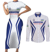 Custom Football Uzbekistan Couples Matching Short Sleeve Bodycon Dress and Long Sleeve Button Shirt Milliy Jamoa White Version - Wonder Print Shop