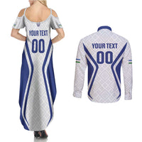 Custom Football Uzbekistan Couples Matching Summer Maxi Dress and Long Sleeve Button Shirt Milliy Jamoa White Version - Wonder Print Shop