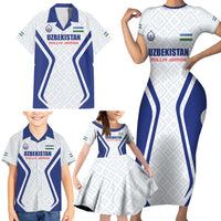 Custom Football Uzbekistan Family Matching Short Sleeve Bodycon Dress and Hawaiian Shirt Milliy Jamoa White Version - Wonder Print Shop