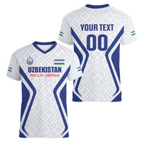 Custom Football Uzbekistan Women V-Neck T-Shirt Milliy Jamoa White Version - Wonder Print Shop