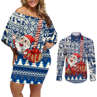 Pennsylvania Christmas Couples Matching Off Shoulder Short Dress and Long Sleeve Button Shirt Santa Claus With Gift Box Xmas Pattern - Wonder Print Shop