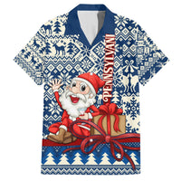 Blue Hawaiian Christmas shirt with Santa holding gift, vertical PENNSYLVANIA text