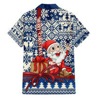 Blue Hawaiian Christmas shirt back with Santa, reindeer pattern, and Merry Christmas