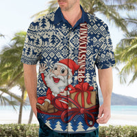 Blue Hawaiian Christmas shirt with Santa and presents, vertical PENNSYLVANIA on front