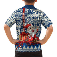 Blue Hawaiian Christmas shirt back with Santa, ribbon bow, and reindeer snowflake pattern