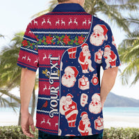 Back-view blue and red Hawaiian shirt with OHIO text, Santa faces, and gift icons.