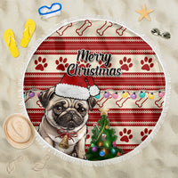 Custom Dog Christmas Beach Blanket Cute Pug Dog With Xmas Tree - Wonder Print Shop