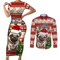 Custom Dog Christmas Couples Matching Short Sleeve Bodycon Dress and Long Sleeve Button Shirt Cute Pug Dog With Xmas Tree - Wonder Print Shop