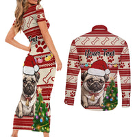 Custom Dog Christmas Couples Matching Short Sleeve Bodycon Dress and Long Sleeve Button Shirt Cute Pug Dog With Xmas Tree - Wonder Print Shop