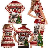 Custom Dog Christmas Family Matching Short Sleeve Bodycon Dress and Hawaiian Shirt Cute Pug Dog With Xmas Tree - Wonder Print Shop