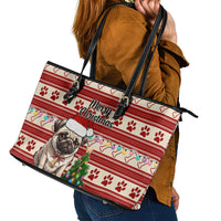 Custom Dog Christmas Leather Tote Bag Cute Pug Dog With Xmas Tree - Wonder Print Shop