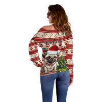 Custom Dog Christmas Off Shoulder Sweater Cute Pug Dog With Xmas Tree - Wonder Print Shop