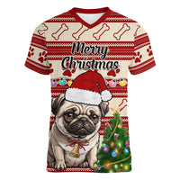 Custom Dog Christmas Women V Neck T Shirt Cute Pug Dog With Xmas Tree - Wonder Print Shop