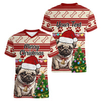Custom Dog Christmas Women V Neck T Shirt Cute Pug Dog With Xmas Tree - Wonder Print Shop