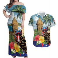 Personalized Boricua El Morro Couples Matching Off Shoulder Maxi Dress and Hawaiian Shirt Puerto Rico Sun Coqui - Wonder Print Shop