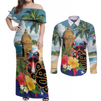 Personalized Boricua El Morro Couples Matching Off Shoulder Maxi Dress and Long Sleeve Button Shirt Puerto Rico Sun Coqui - Wonder Print Shop