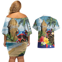 Personalized Boricua El Morro Couples Matching Off Shoulder Short Dress and Hawaiian Shirt Puerto Rico Sun Coqui - Wonder Print Shop