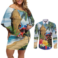 Personalized Boricua El Morro Couples Matching Off Shoulder Short Dress and Long Sleeve Button Shirt Puerto Rico Sun Coqui - Wonder Print Shop