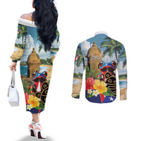 Personalized Boricua El Morro Couples Matching Off The Shoulder Long Sleeve Dress and Long Sleeve Button Shirt Puerto Rico Sun Coqui