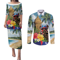 Personalized Boricua El Morro Couples Matching Puletasi and Long Sleeve Button Shirt Puerto Rico Sun Coqui - Wonder Print Shop