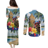 Personalized Boricua El Morro Couples Matching Puletasi and Long Sleeve Button Shirt Puerto Rico Sun Coqui - Wonder Print Shop