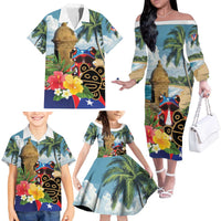 Personalized Boricua El Morro Family Matching Off The Shoulder Long Sleeve Dress and Hawaiian Shirt Puerto Rico Sun Coqui - Wonder Print Shop