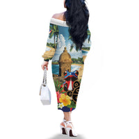 Personalized Boricua El Morro Family Matching Off The Shoulder Long Sleeve Dress and Hawaiian Shirt Puerto Rico Sun Coqui - Wonder Print Shop